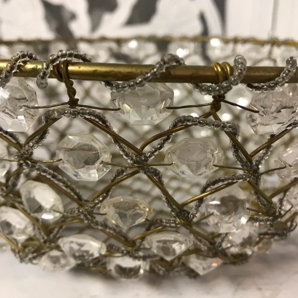 Rustic Vintage Wire Beaded Basket with Crystal Accents, Gold-Tone Tabletop Decor